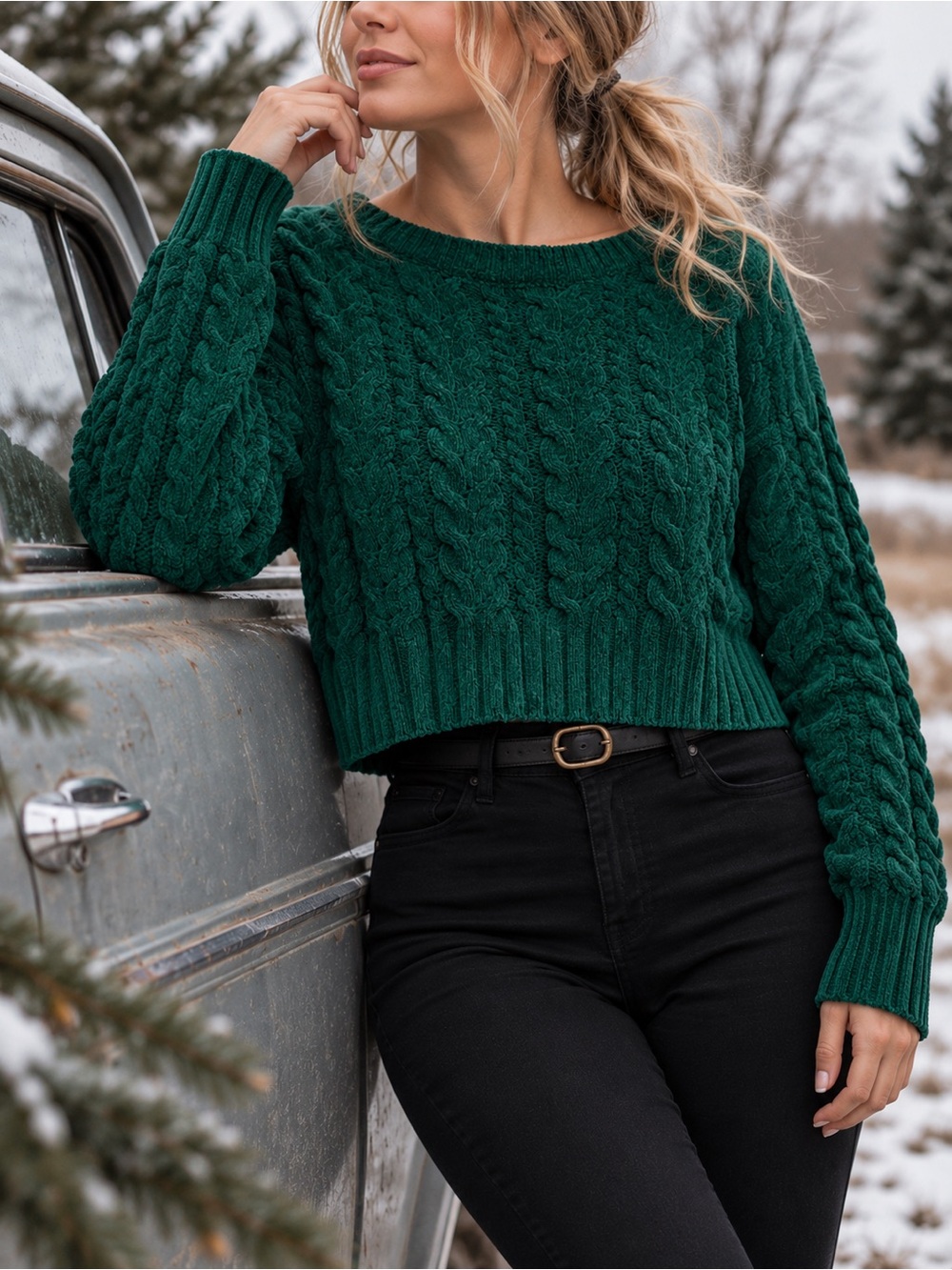 Arizona Jean Co Green Chenille Cable Knit Cropped Sweater Small